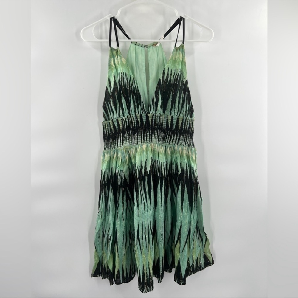 Free People Indian Summer Green Black Ikat Lurex Mini Dress Size S Smocked - Picture 2 of 10